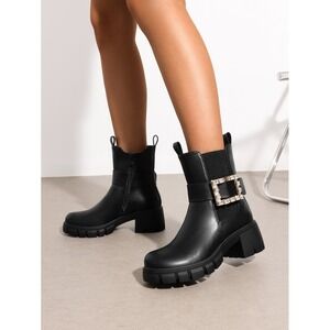Dream Paris‎ Womens Black Block Heel Rhinestone Buckle Side Zip Boots Size 6.5